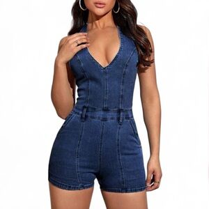 Fitted Denim Backless Romper Halter Neck Deep V Neck Size Small Festival Concert